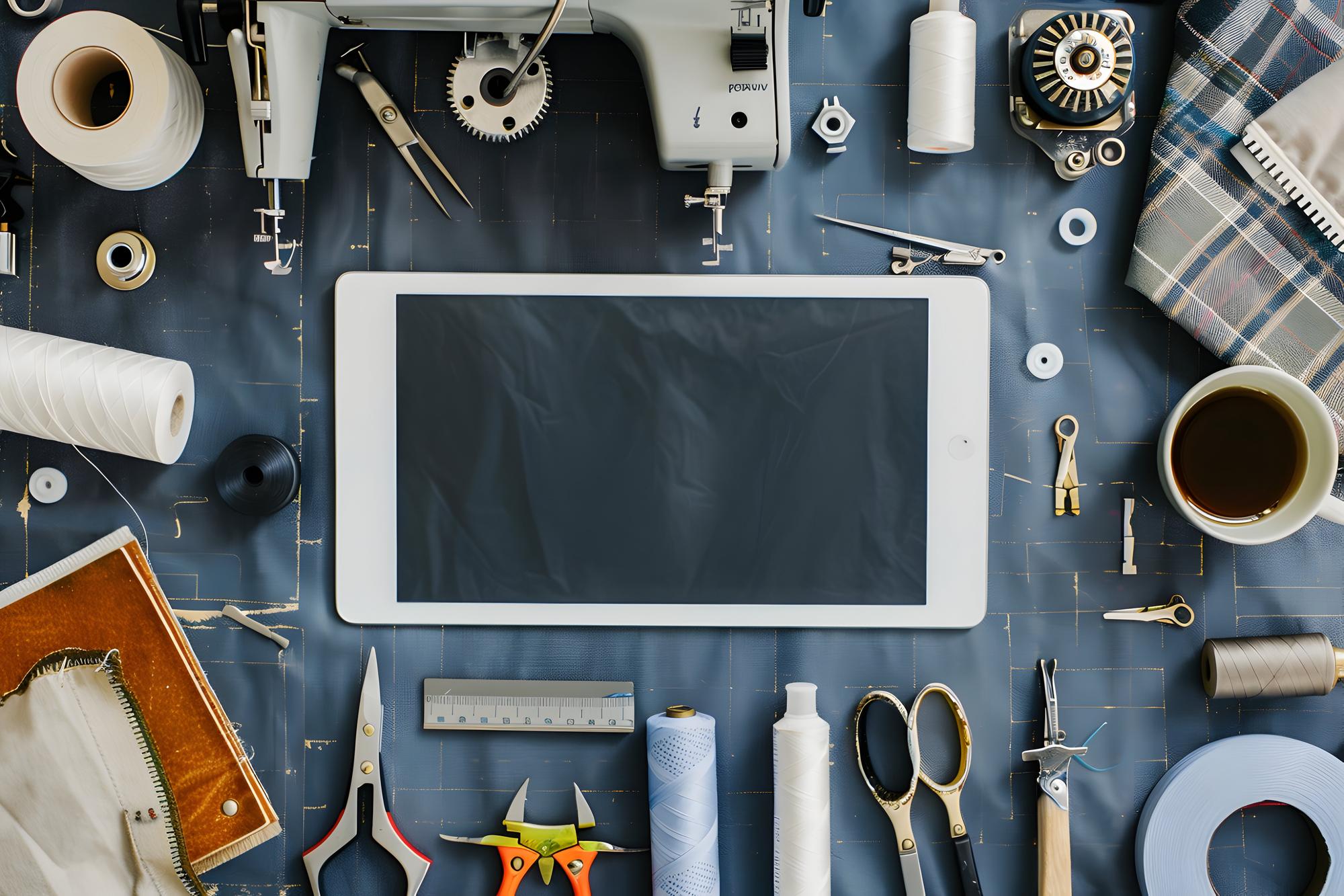 Workshop table with threads, tools and a digital tablet for pattern design